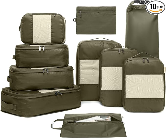 10-Pack Large Compression Packing Cubes for Travel - Lightweight Compression Packing Cube Set, Water-Resistant Luggage Organizer Bags & Suitcase Organizers, Travel Cubes for Carry-On, Checked Luggage by NookTheory
