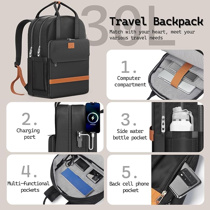 Melalenia Suitcase Sets 6 Piece Hard Shell Carry on Luggage with Spinner Wheels and TSA Lock, Lightweight Travel Backpack for Women, Men, Black Brown - Image 4