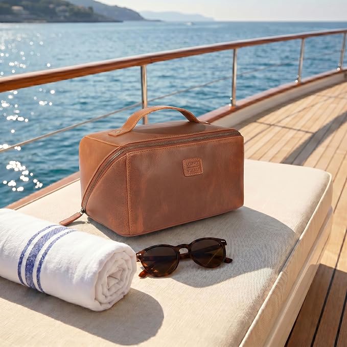 LEATHER VILLAGE Genuine Leather Travel Dopp Kit for Men & Women – Open Flat Large Capacity Cosmetic Bag with Water-Resistant Lining – Skin Care, Brushes, Shaving & Bathroom Essentials Organizer- Tan - Image 6