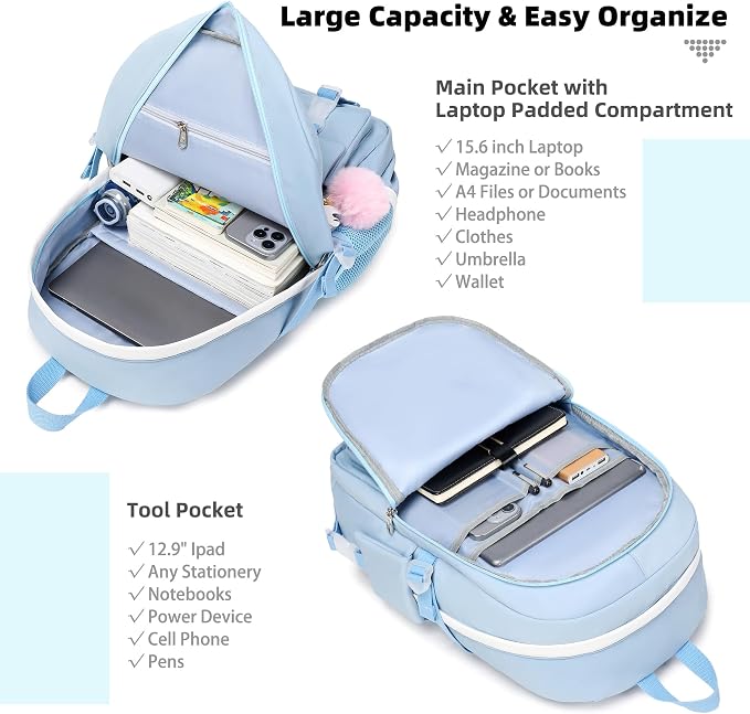 Laptop Backpacks 16 Inch School Bag College Backpack 3 PCS with Lunch Box Pencil Pouch Set Large Travel Daypack Kawaii Bookbags for Teens Girls Women Students (Blue) - Image 2