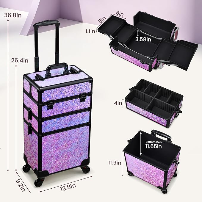 FRENESSA 3 in 1 Rolling Makeup Train Case Professional Cosmetic Trolley Large Storage with Keys Swivel Wheels Salon Barber Case Traveling Cart Trunk for Make Up Hairstylists Nail Tech, Shiny Purple - Image 6