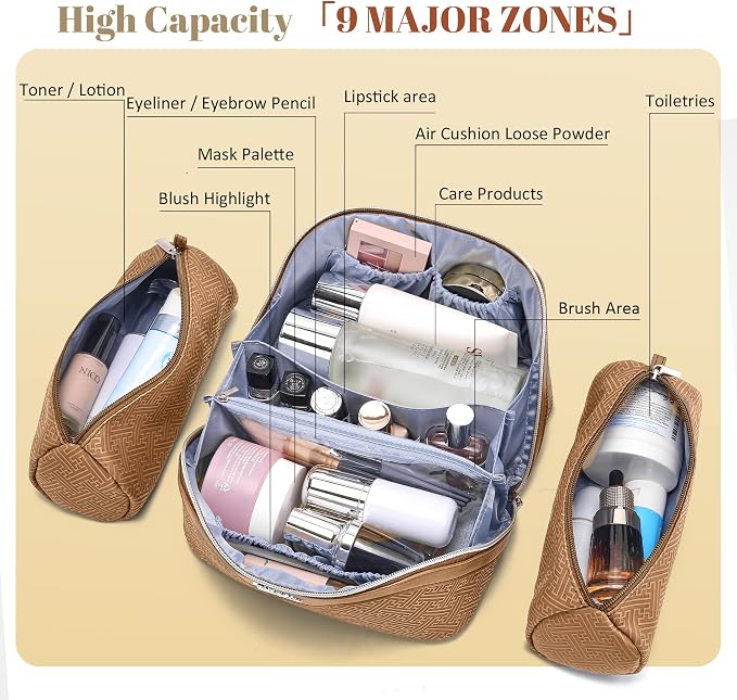 BOYATU Travel Makeup Bags for Women: Vintage Roman Column Texture | Each Journey, Quiet Luxury Serenity - 3 Pcs Set Large Capacity Cosmetic Bag Organizer Toiletry Purse(Brown) - Image 5