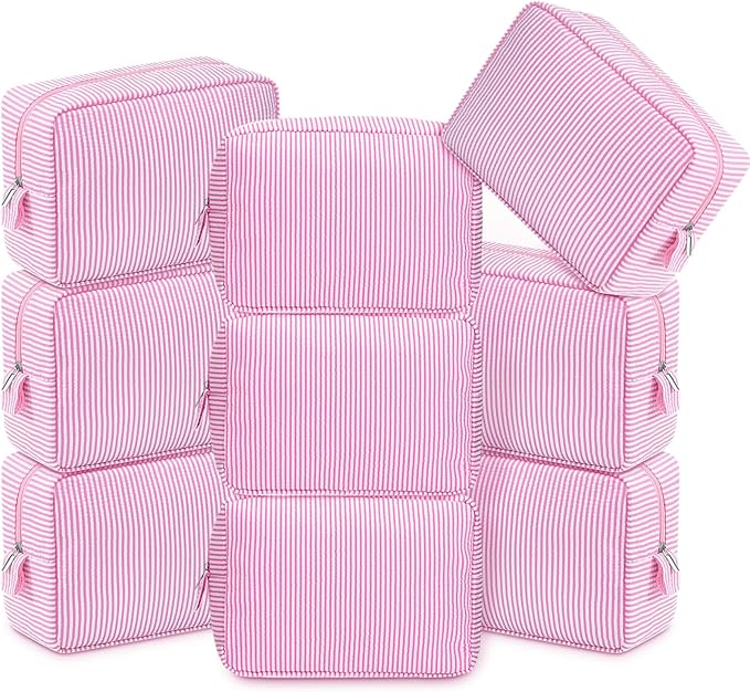 Sanwuta 9 Seersucker Cosmetic Bag Bulk Striped Makeup Bag for Women Aesthetic Cute Travel Toiletry Organizer Preppy Storage Pouch for Wedding Bridesmaid Mother's Day Teacher Gift (Large,Pink) by Sanwuta