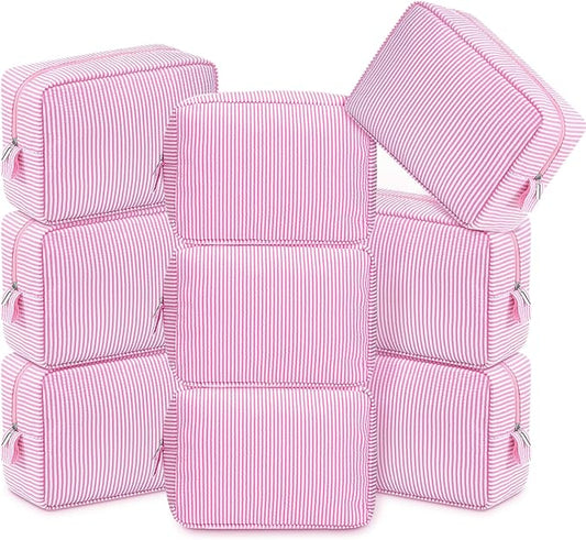 Sanwuta 9 Seersucker Cosmetic Bag Bulk Striped Makeup Bag for Women Aesthetic Cute Travel Toiletry Organizer Preppy Storage Pouch for Wedding Bridesmaid Mother's Day Teacher Gift (Large,Pink) by Sanwuta