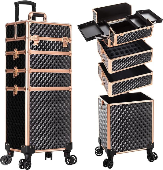 AROUS Rolling Makeup Train Case 4 in 1 Cosmetology Case on Wheels Large Storage Cosmetic Trolley with Key Salon Barber Case Traveling Cart Trunk,Gold&Black by Unknown