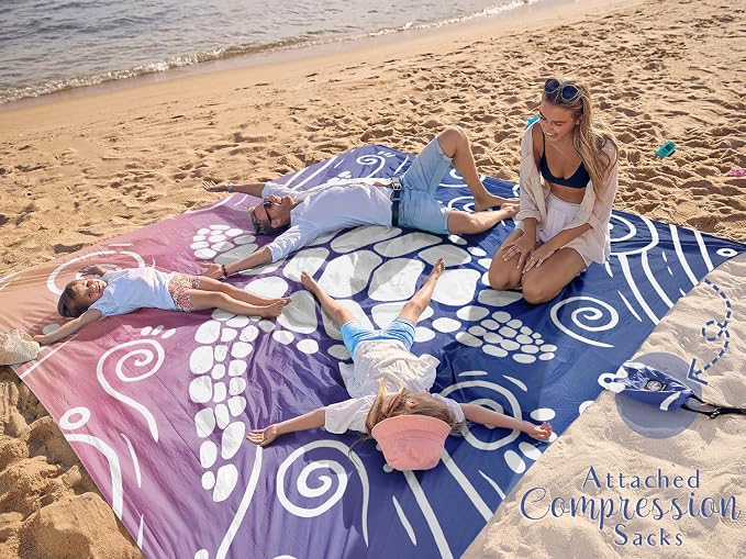 WEKAPO Beach Blanket Waterproof Sandproof Oversized Extra Large Sand Free Beach Mat with Stakes, Storage Bag - Essentials for Outdoor Beach, Picnic (Deep Blue Sea Turtle, 8 X 7 FT (1~4 Person)) - Image 2
