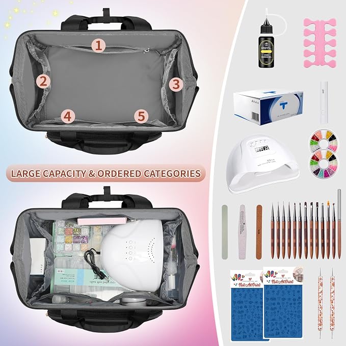 LTINVECK Nail Polish Organizer Case Backpack Holds 70 Bottles (15ml/0.5fl.oz)& Nail Lamp, 2 Layers Detachable Nail Kit Storage Case, Large Travel Nail Supplies Shoulder Bag for Manicure Tools (black) - Image 4