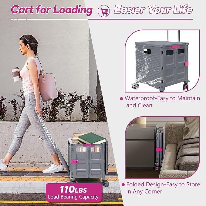 FELICON SELORSS Folding Utility Cart Portable Rolling Crate Handcart-Gray | Adjustable Handle+Extended Magnetic Lid,Storage Basket Box,4 Swivel Wheels Tote for Teacher Move Shop Travel Grocery Office - Image 4