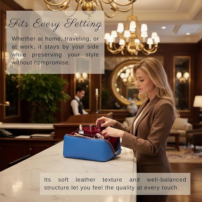 VENOULT Makeup Bag, Spacious Cosmetic Case for Women, Portable 180° Wide-Open Flat Cosmetic Bag, Travel Toiletry Organizer with Handle, Hanmdade, Full Grain Genuine Turkish Leather (Fun Blue) - Image 8
