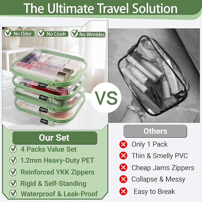 YQBRAO 4-Pack Clear Diaper Bag Organizer Pouches, 1.2mm Ultra-Thick PET Travel Pouches for Toiletries & Makeup, Rigid Self-Standing Bags with YKK Zippers, TSA Approved (Green) - Image 2