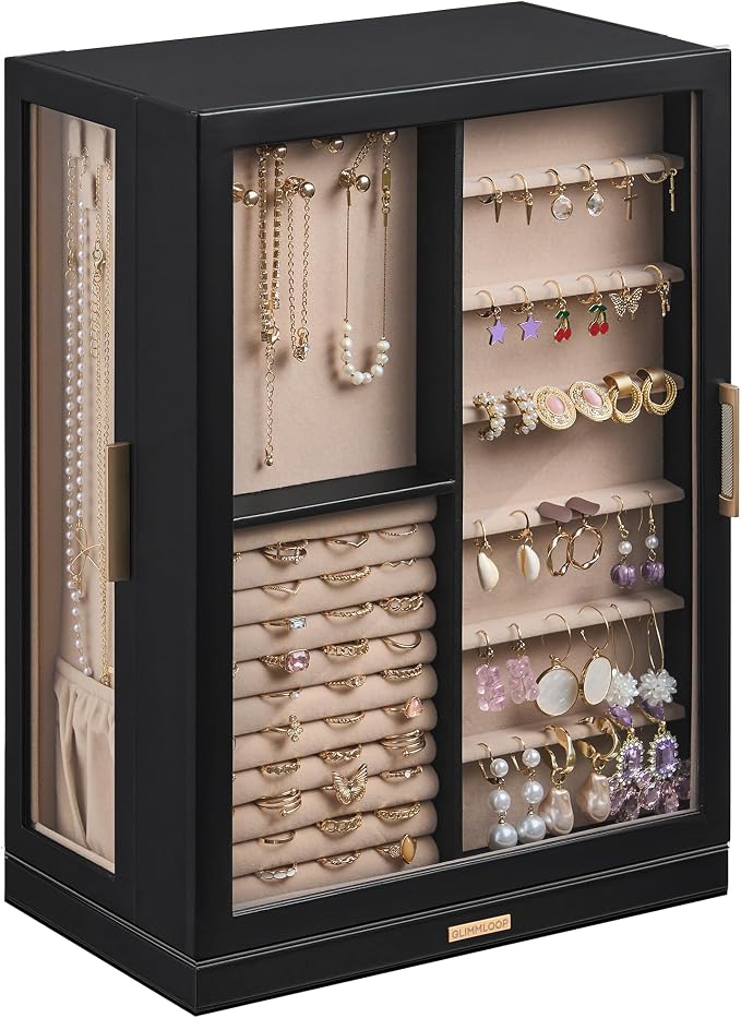 Glimmloop 360° Rotating Jewelry Box with 9 Drawers, Spacious Vertical Jewelry Organizer with Glass Window, Jewelry Storage Case, Dustproof & Moisture-resistant Design, Black by Glimmloop