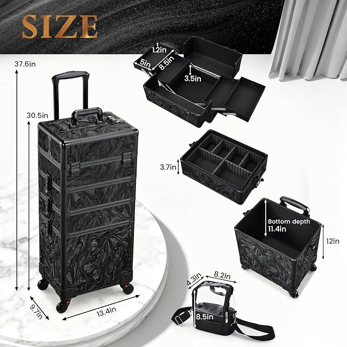 Stagiant Rolling Makeup Case 4 in 1 Cosmetology Case on Wheels Makeup Travel Case with Cosmetic Bag Key Swivel Wheels Salon Barber Case Traveling Cart Trunk Cosmetic Trolley Alpine Black - Image 5