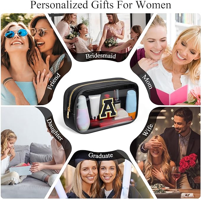 YOOLIFE Travel Toiletry Bag for Women, Black Clear Makeup Bag Cute Make Up Bag Cosmetic Bags Skin Care Makeup Bag Organizer Birthday Gifts for Women Teacher Mother Girlfriend Initial P