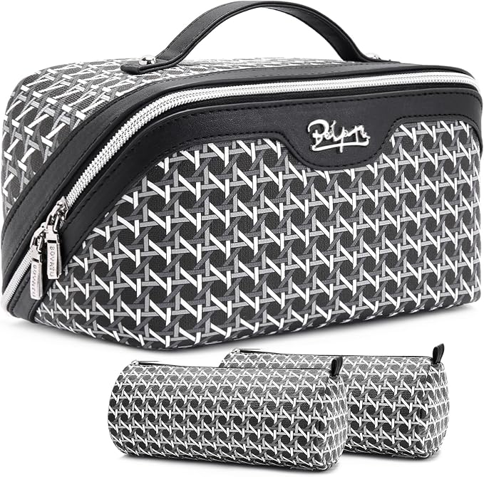 BOYATU Travel Makeup Bag Cosmetic Bags for Women: Large Capacity 3 Pcs Set Make up Bag with Compartments - Waterproof Vegan Leather Toiletry Organizer Bags with Handle (M-76Black) by BOYATU