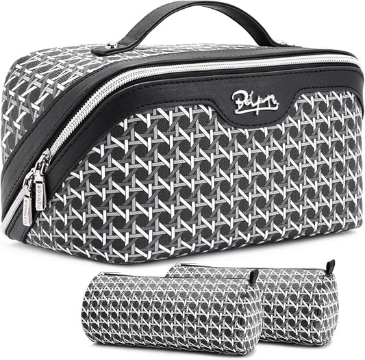 BOYATU Travel Makeup Bag Cosmetic Bags for Women: Large Capacity 3 Pcs Set Make up Bag with Compartments - Waterproof Vegan Leather Toiletry Organizer Bags with Handle (M-76Black) by BOYATU