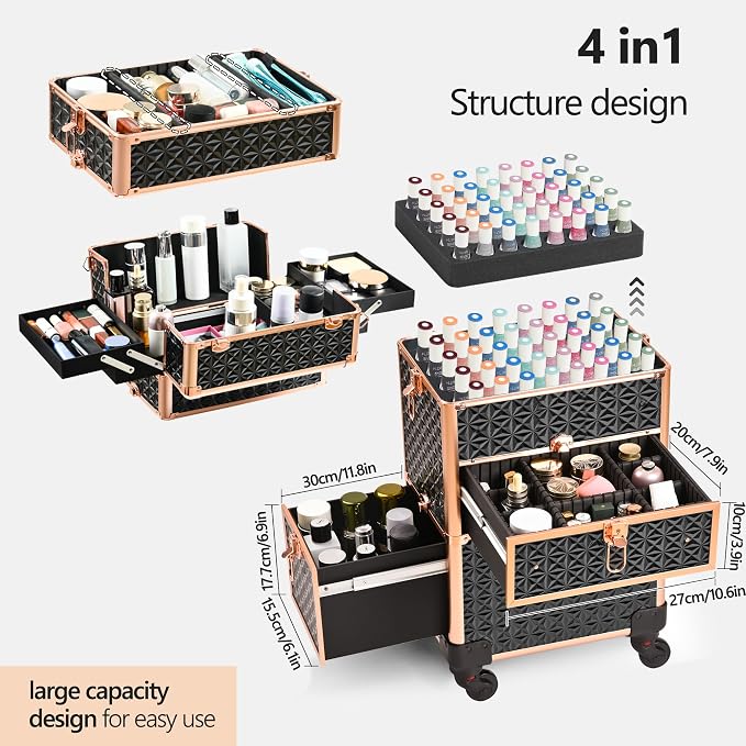 Makeup Train Case with Drawer, Rolling Makeup Case, Cosmetology Case on Wheels, Gift, Large Makeup Case Organizers, Professional for Salon Barber, Nail, Tattoo, Black Gold - Image 3
