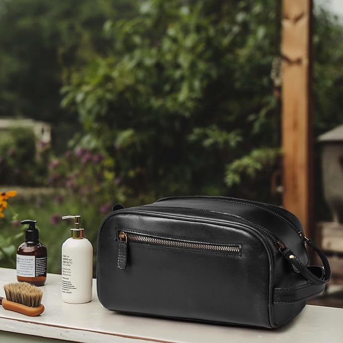 LEATHER VILLAGE Genuine Leather Toiletry Travel Bag With Waterproof Lining - Black | King-Size Handcrafted Vintage Dopp Kit Bag, Shaving & Bathroom Organizer, Gift for Men & Women - Image 8