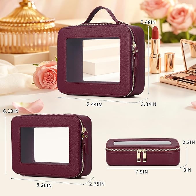 Travel Makeup Set, Burgundy, L+M+SLIM | Waterproof, Transparent Cosmetic Bag, Toiletry Bag, Makeup Brush Case with Zipper, Car Essentials for Women - Image 3