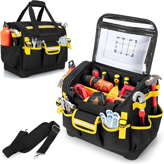 15-Inch Tool Bag with Hard Bottom, Electrician Tool Box Organizer | Detachable Dividers, Multiple Pockets, Reflective Strips, Padded Handle & Shoulder Strap, Ideal for Repairman, Craftsman by Trahzia