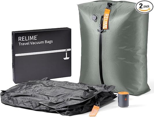 Relime Classic Series Vacuum Bags for Travel Luggage with Wireless Pump, Compression Bags for Carry On Suitcases and Backpack, Vacuum Seal Packing cube for Cloth Packing ((2PC + PUMP Gray & Green) by Relime
