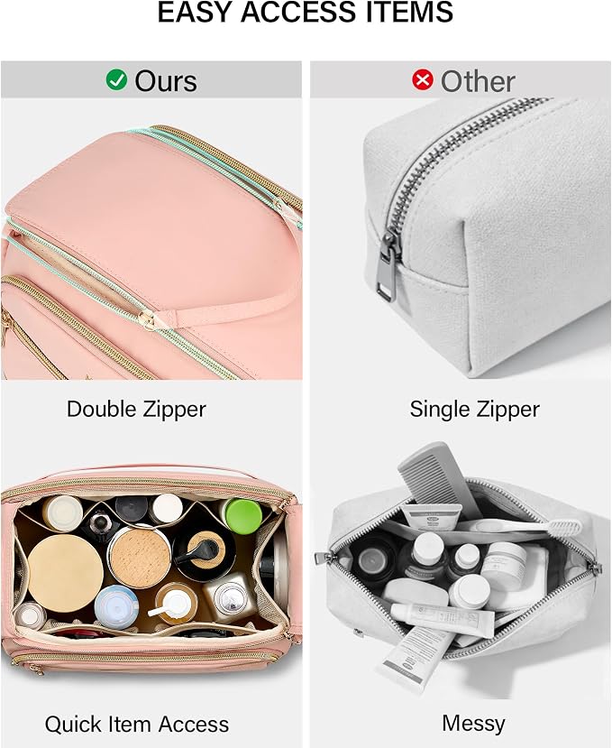 Hanke Travel Toiletry Bag, Lightweight Wide-open Makeup Bag, Dual-Layer Travel Bag for Toiletries Water-Resistant Cosmetic Bags Large Toiletry Bags for Women & Men, Travel Essentials, Pink - Image 3