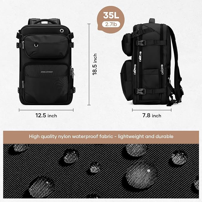Maelstrom Travel Backpack for Men Women, 35L Carry on Backpack for Traveling on Airplane,with Belt Bag&Shoe Compartment,Waterproof Laptop Backpack fit 17”Laptop-Pure Black,Large - Image 3