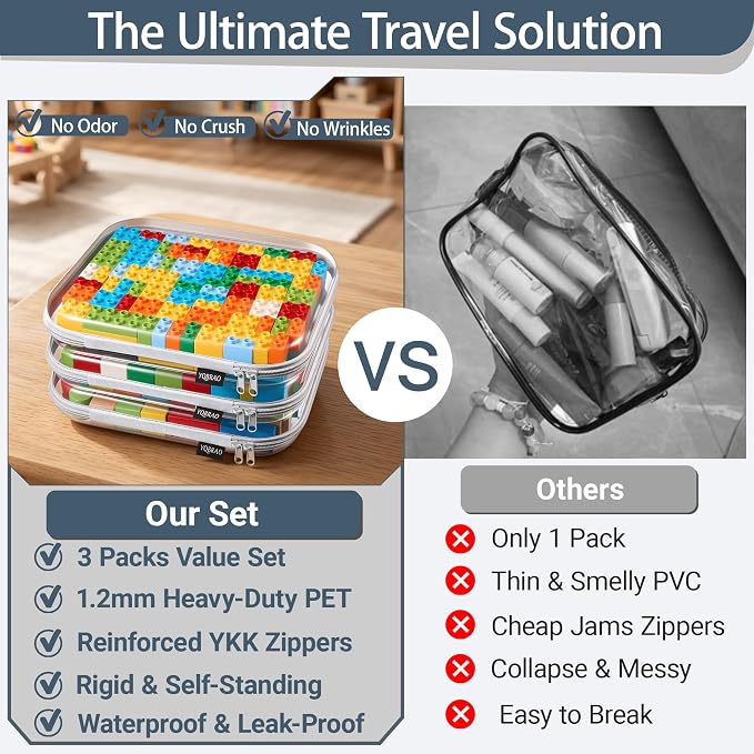 YQBRAO 3-Pack Large Clear Hard Shell Zipper Case, 1.2mm Ultra-Thick Rigid Toy & Closet Organizer, Heavy-Duty Diaper Bag Pouch Set with YKK Zippers, Waterproof Travel Storage (Gray) - Image 2