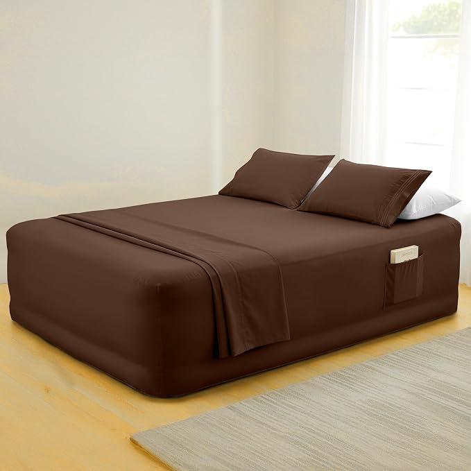 Mocassi 4-Piece Extra Deep Pocket 16-24 Inch Air Mattress Bed Sheet Set- 4PC Sheet Set with Smart Pockets Ideal for Air Beds, RVs, Camping and Guest Rooms Premium Hotel Quality, Queen, Brown - Image 7