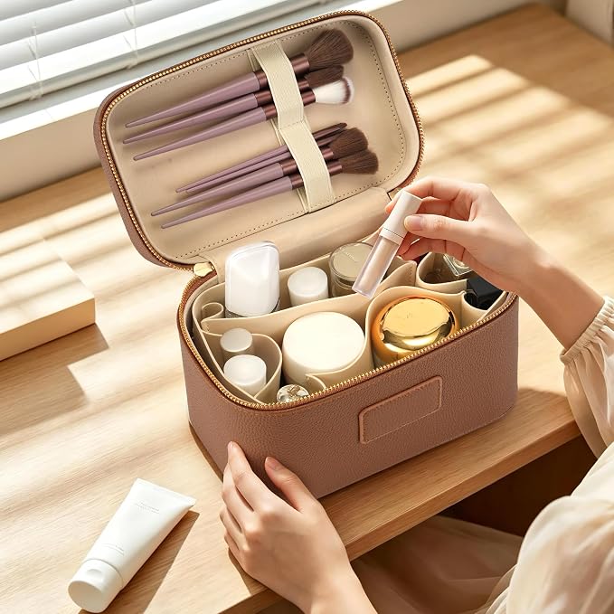 Makeup Bag Travel Toiletry Leather Cosmetic Case, Waterproof Makeup Organizer with Brush Holder, Wipe Clean Removable Divider Vanity Train Bag for Women, Brown - Image 6