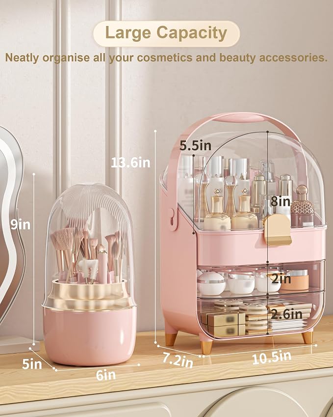 Makeup Organizer Countertop, Skincare Holder Bathroom Counter Organizer, Storage Box Cosmetic Display Cases, Teen Girl Gifts Make up Organizers (Pink/Brush) - Image 2