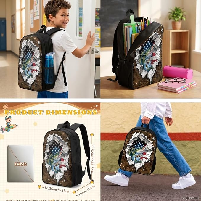 GIFTPUZZ 4 in 1 Hunting Camo Fish American Flag Kids Backpack Set | Patriotic School Bookbag with Lunch Box for Elementary Boys, Zippered Pencil Pouch, Water Bottle Holder, Travel, Ages 6-8 - Image 2