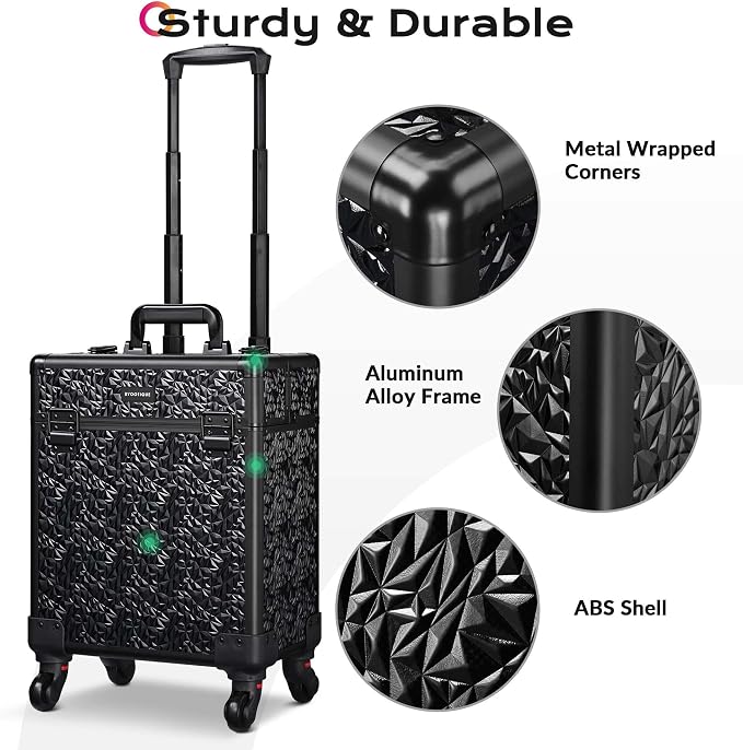 BYOOTIQUE Rolling Makeup Case Cosmetology case on wheels Makeup Artist Nail | Aluminum Rolling Makeup Suitcase with 360° Detachable Wheel Lockable 44Lb Large Capacity Organizer Nail Tech Mermaid Black - Image 5