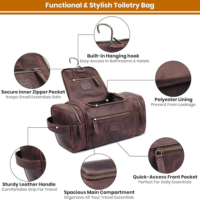 LEATHER VILLAGE Genuine Leather Travel Dopp Kit for Men & Women – Water-Resistant Large-Capacity Hanging Toiletry Bag for Travel, Grooming, Bathroom Organization, Shaving Essentials & Gym Use - Cherry - Image 4