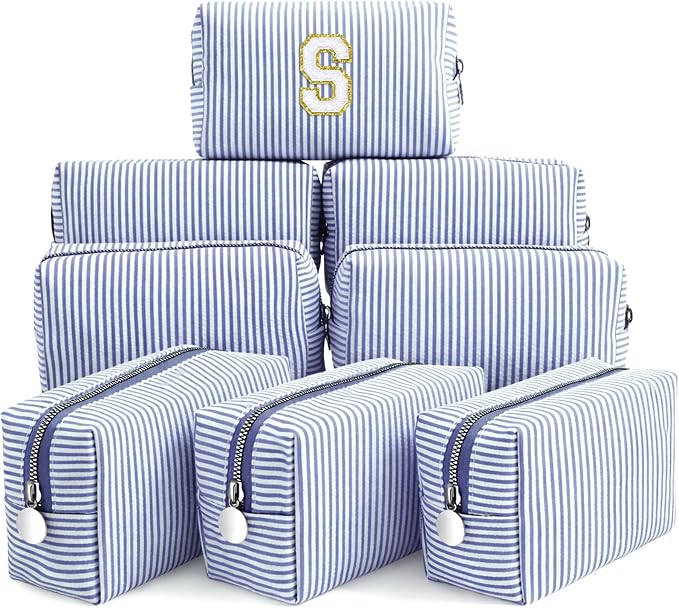 Giesiery 8 Pcs Seersucker Makeup Bags Striped Cosmetic Bags Bulk Organizer for Women Preppy Travel Toiletry Pouch for Wedding Bridesmaid Gifts (Navyblue, Medium) by Giesiery