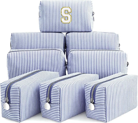 Giesiery 8 Pcs Seersucker Makeup Bags Striped Cosmetic Bags Bulk Organizer for Women Preppy Travel Toiletry Pouch for Wedding Bridesmaid Gifts (Navyblue, Medium) by Giesiery