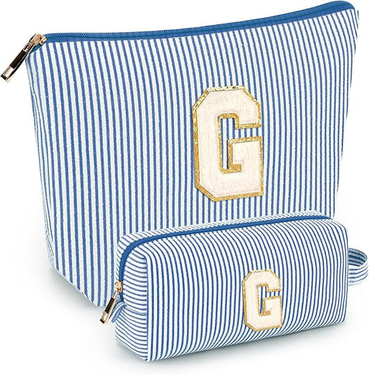 2 PCS Initial Makeup Bags for Women: Cosmetic Bag for Travel Toiletry - Birthday Gifts for 11 12 13 14 15 16 17 18 Years Old Girl Graduation Teacher Gift- Teen Girl Gifts Trendy Stuff - Blue G