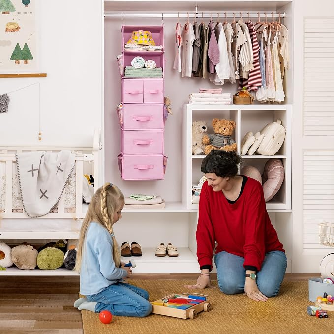 GRANNY SAYS Hanging Closet Organizers and Storage, 6 Shelves Closet Hanging Organizer with 6 Side Pockets, 5 Drawer Storage Organizer, Portable Hanging Shelves for Baby Closet, Pink Shelf - Image 2