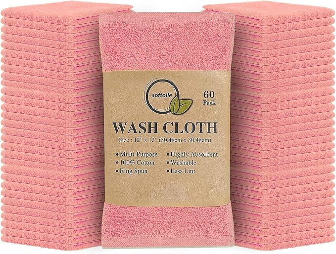 100% Cotton Washcloths 60 Pack (12x12 Inches) Soft, Highly Absorbent Washcloth, Face Towels, Wash Cloths for Face, Ring Spun, Bulk Pack (Pink) by Softolle