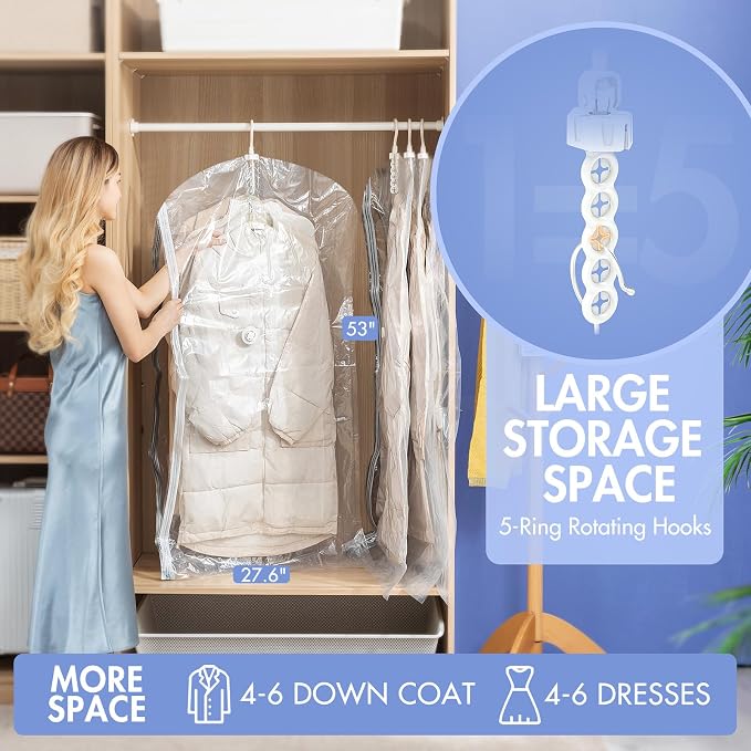 Hanging Vacuum Storage Bags, 4 Pack (53 x27.6 inch), Vacuum Seal Bags for Clothing, Garment Storage for Jacket, Suits, Dresses, Closet Oragnization and Storage - Image 2