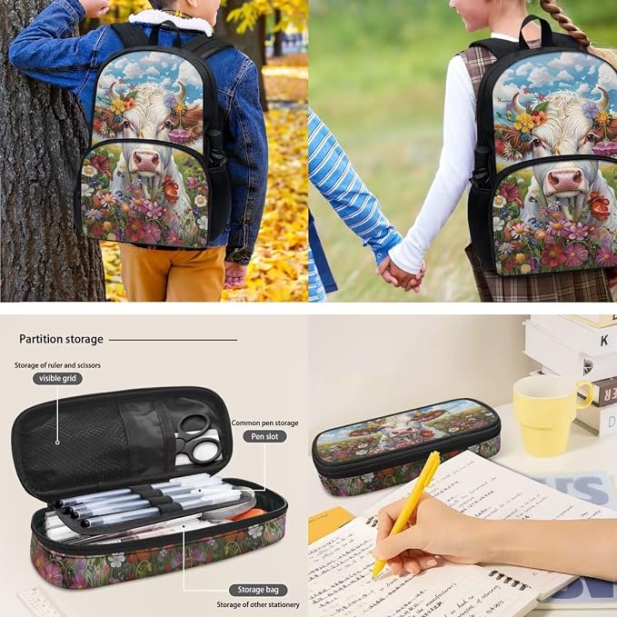 Cow Print Schoolbag for Girls，4Piece Flower Cow School Backpack with Insulated Lunch Box Pencil Case Bottle Holder Bag for Kindergarten，Primary Students - Image 4
