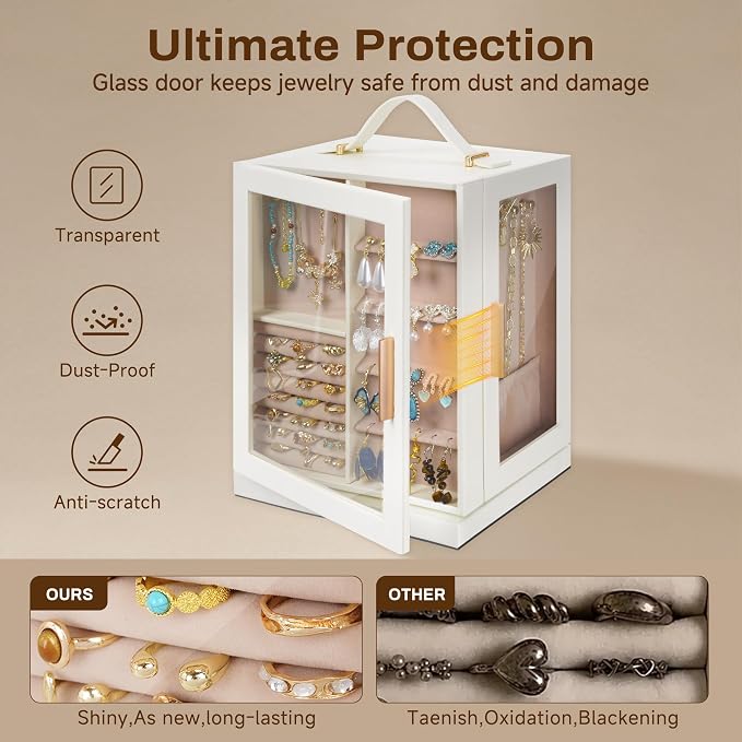 360° Rotating 5‑Drawers Jewelry Box with Top Handle & Glass Window, Spacious Vertical Jewelry Organizer, Jewelry Storage Case, Dustproof & Moisture‑resistant Design. (White) - Image 4