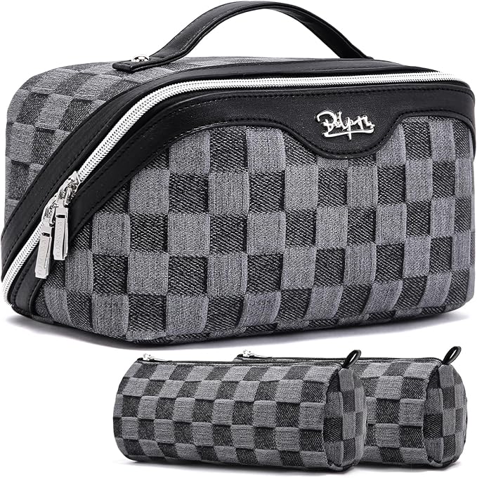 BOYATU Travel Makeup Bag for Women: Large Cosmetic Bag Set of 3 - PU Leather Make up Bag with Compartments - Compact Waterproof Toiletry Bag with Divider & Handle (D-2-Black) by BOYATU