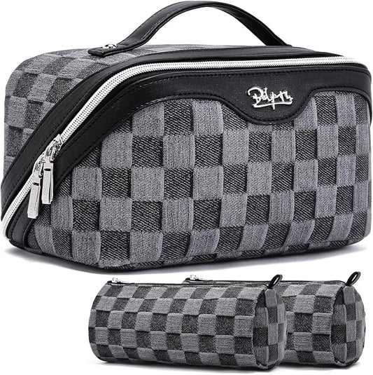 BOYATU Travel Makeup Bag for Women: Large Cosmetic Bag Set of 3 - PU Leather Make up Bag with Compartments - Compact Waterproof Toiletry Bag with Divider & Handle (D-2-Black) by BOYATU