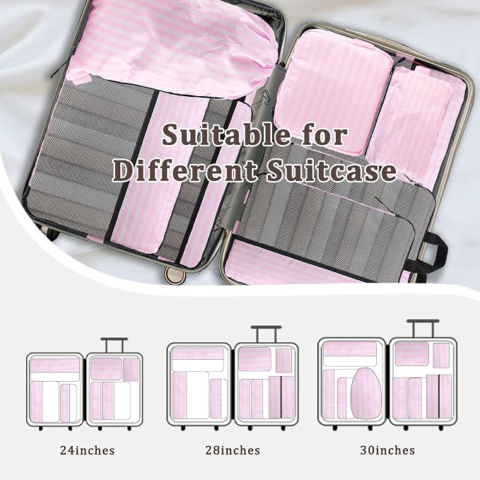 U+U 10 Set Compression Packing Cubes - Ultralight Pink Stripe Travel Organizers with Laundry Bag, Space-Saving Suitcase Organizer, Expandable Packing Cubes for Travel and Family Vacation (Pink Stripe) - Image 8