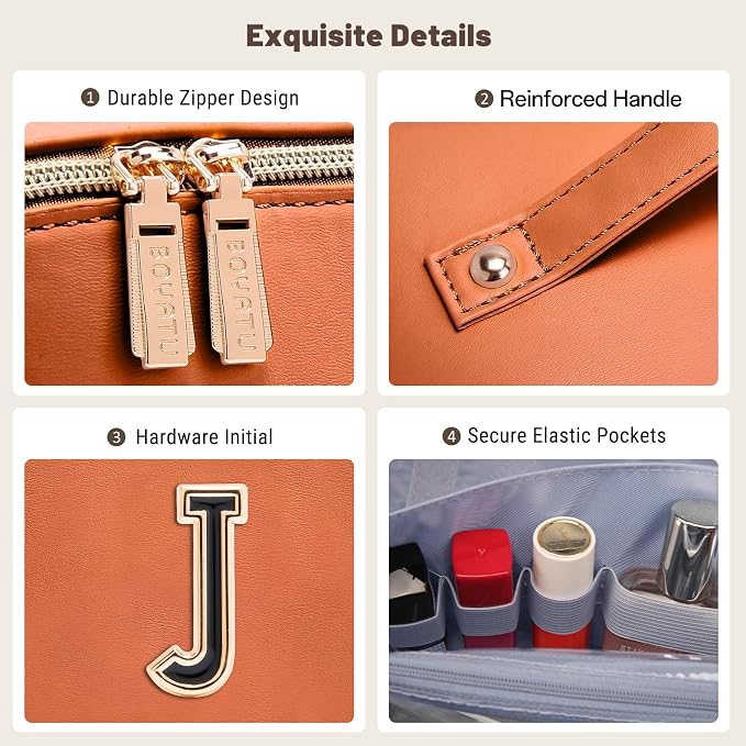 BOYATU Makeup Bag Gift for Women: 3-in-1 Travel Personalized Cosmetic Bag | Initial Make up Bag - Monogram A-Z - Vegan Leather Flat Open Toiletry Organizer - Ideal Gift Set for Birthday Graduation - Image 7