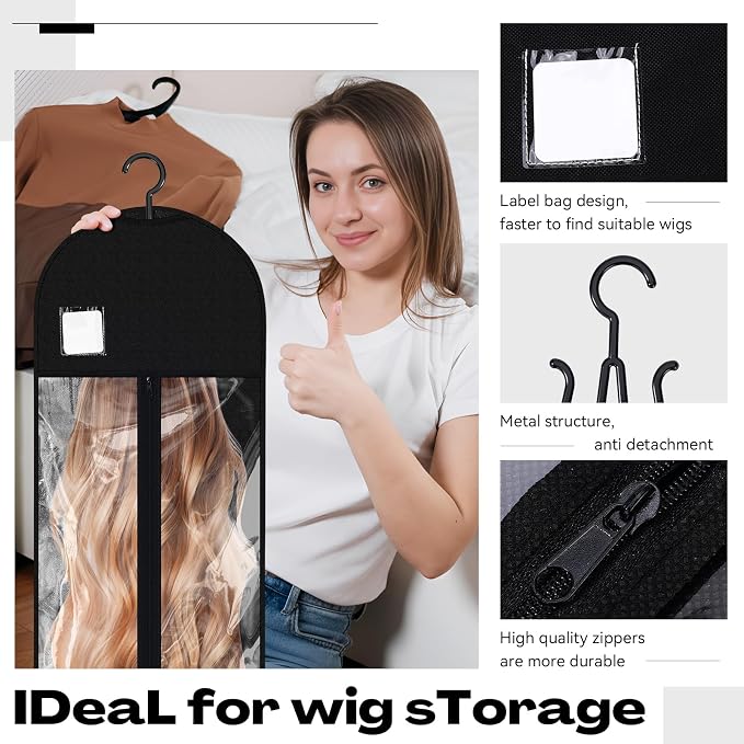 Thinkday 24 Pcs Extra Long Wig Storage Bags Bulk with Hanger and Labels 31.5 Inch Wig Storage for Multiple Wigs for Home Travel Closet Extensions Accessories - Image 3