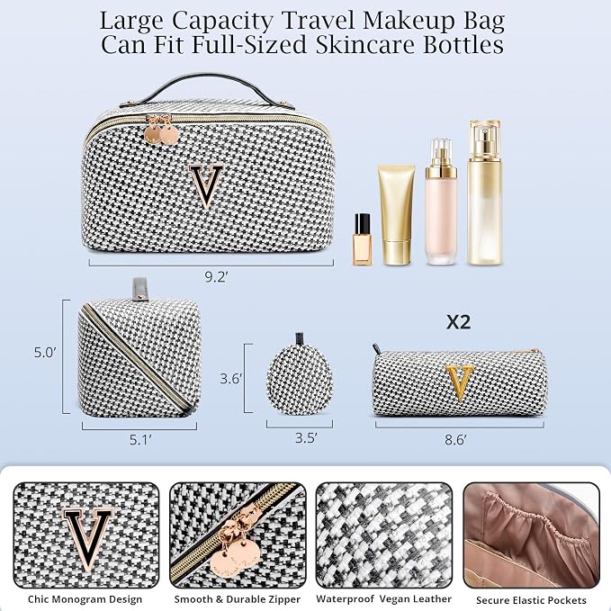 Personalized Gift Travel Makeup Bag: Initial Makeup Organizer Bag for Women | 3-in-1 Custom Make up Bag Set - Vegan Leather Travel Cosmetic Bag - Luxury Gift for Women – Birthday, Anniversary, Graduation - Image 6
