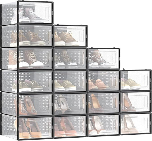 SONGMICS Shoe Boxes, Pack of 18 Shoe Storage Organizers, Stackable Clear Plastic Boxes for Closet, Sneakers, 13.1 x 9.1 x 5.6 Inches, Transparent and Black ULSP18SBKV1 by Unknown