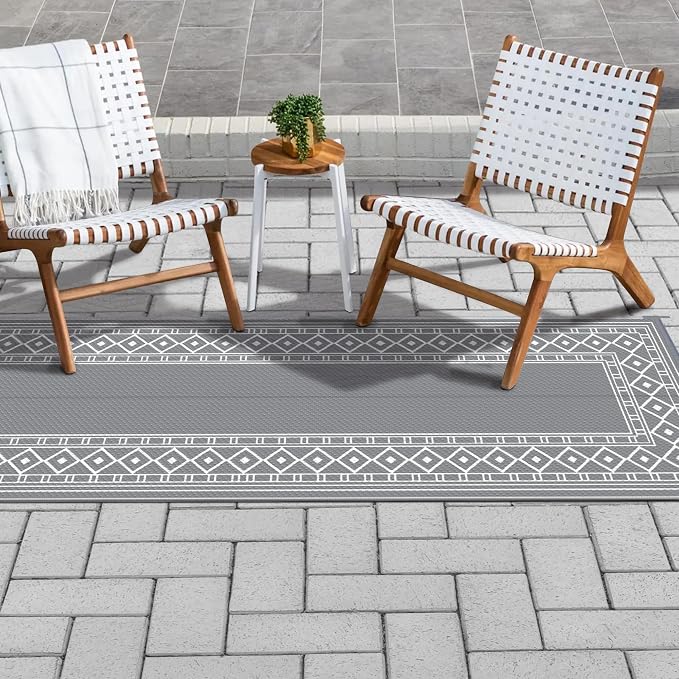 GENIMO Outdoor Rug, Waterproof Plastic Runner Rugs, 2.5'x8' Grey White | Outside Larger Modern Carpet Mat for Porch Decor, Deck, Balcony, Camping, RV, Backyard, Picnic, Beach, Reversible - Image 4
