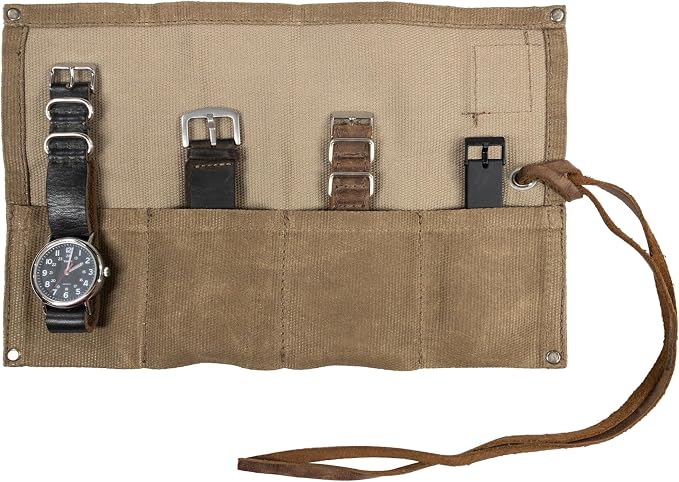 Hide & Drink, Waterproof Waxed Canvas Travel Watch Roll Organizer with 4 Slots, Easy Carry On Watchlover Storage, Handmade Travel Case, Fatigue by HideDrink